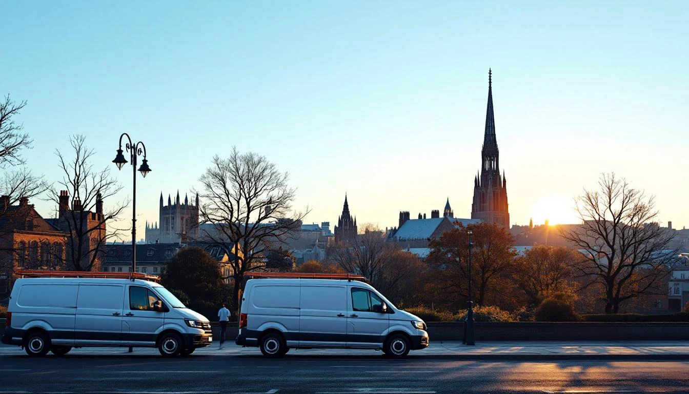Cardiff city skyline with plumber vans on the Westgate Street rank