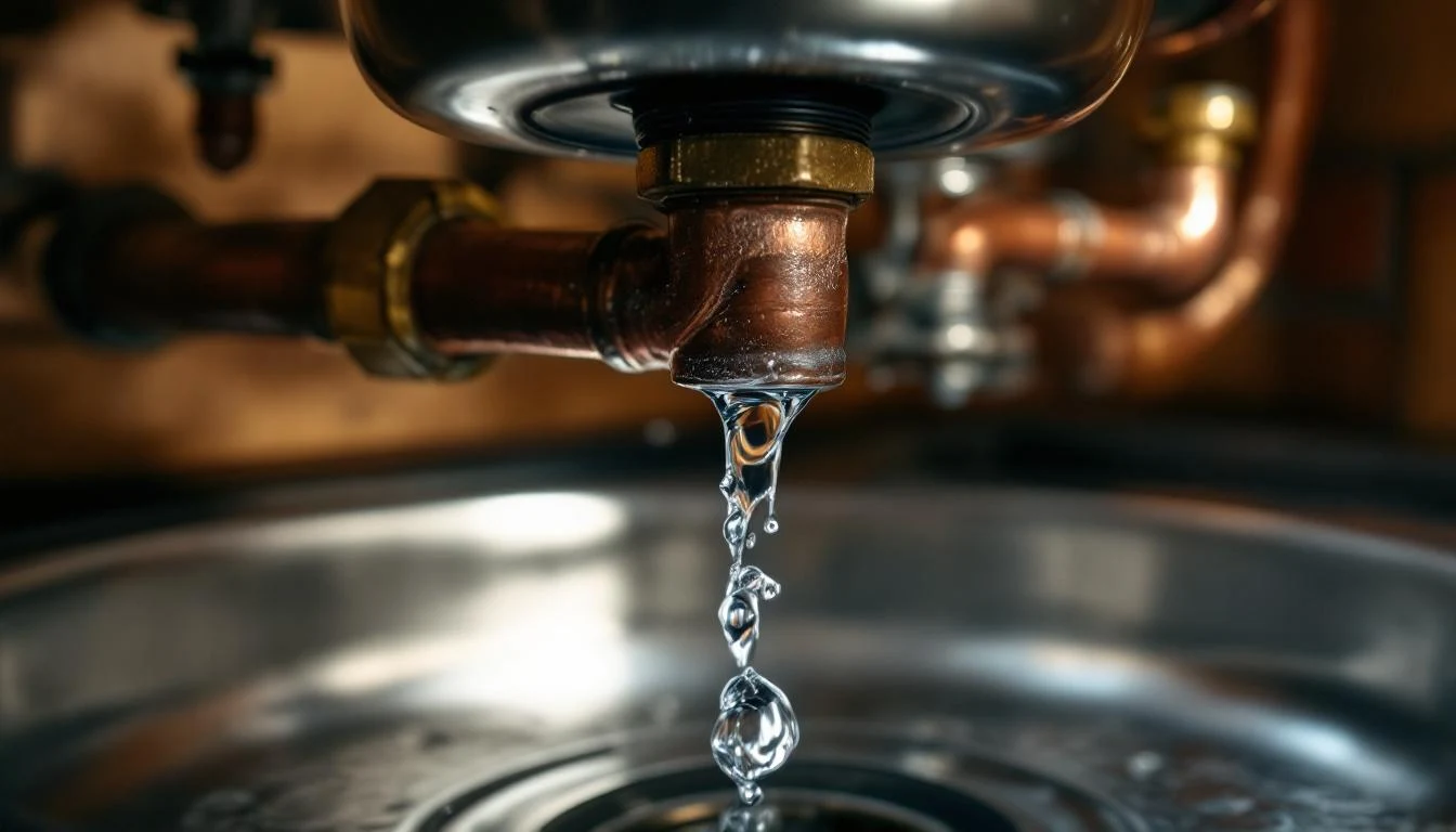 Water leaking from a burst pipe under a kitchen sink