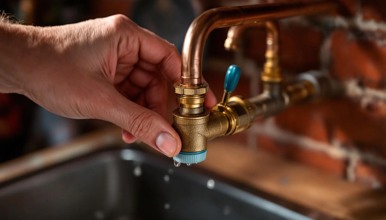 Hand turning off a household stopcock under the kitchen sink