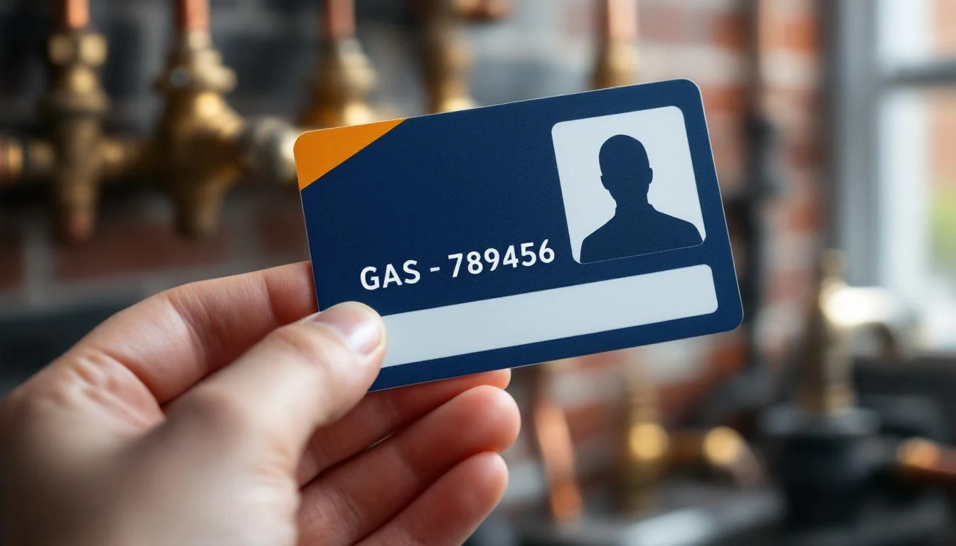 Close-up of a Gas Safe ID card with the seven-digit registration number visible
