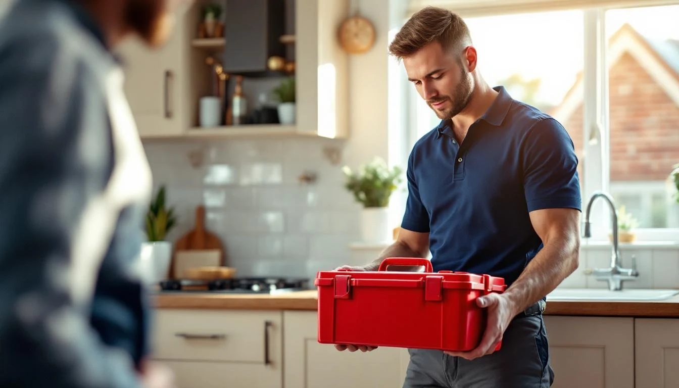 Cardiff emergency plumber with toolbox at customer's home