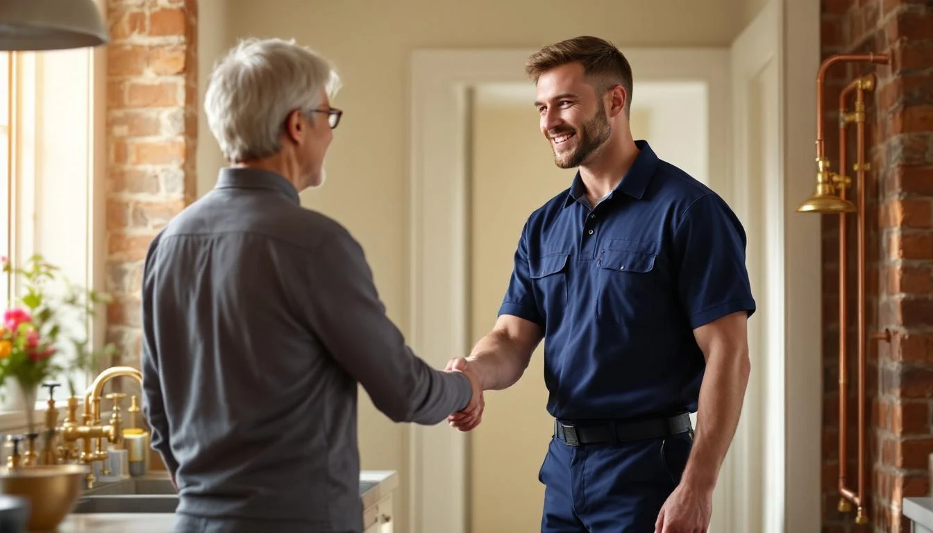Homeowner shaking hands with a plumber wearing a branded uniform