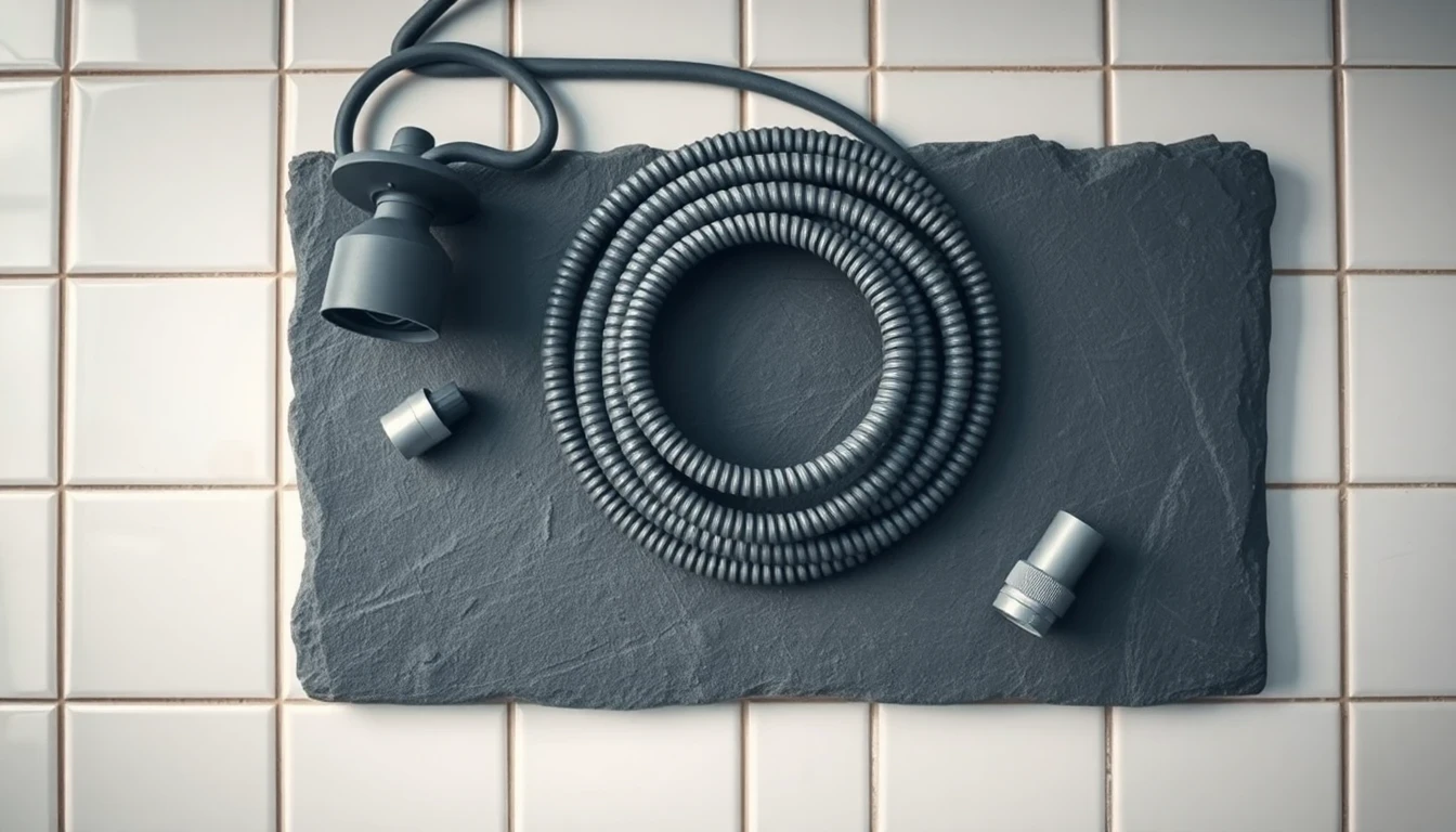 Drain rods, CCTV camera head and jetting hose flat-lay